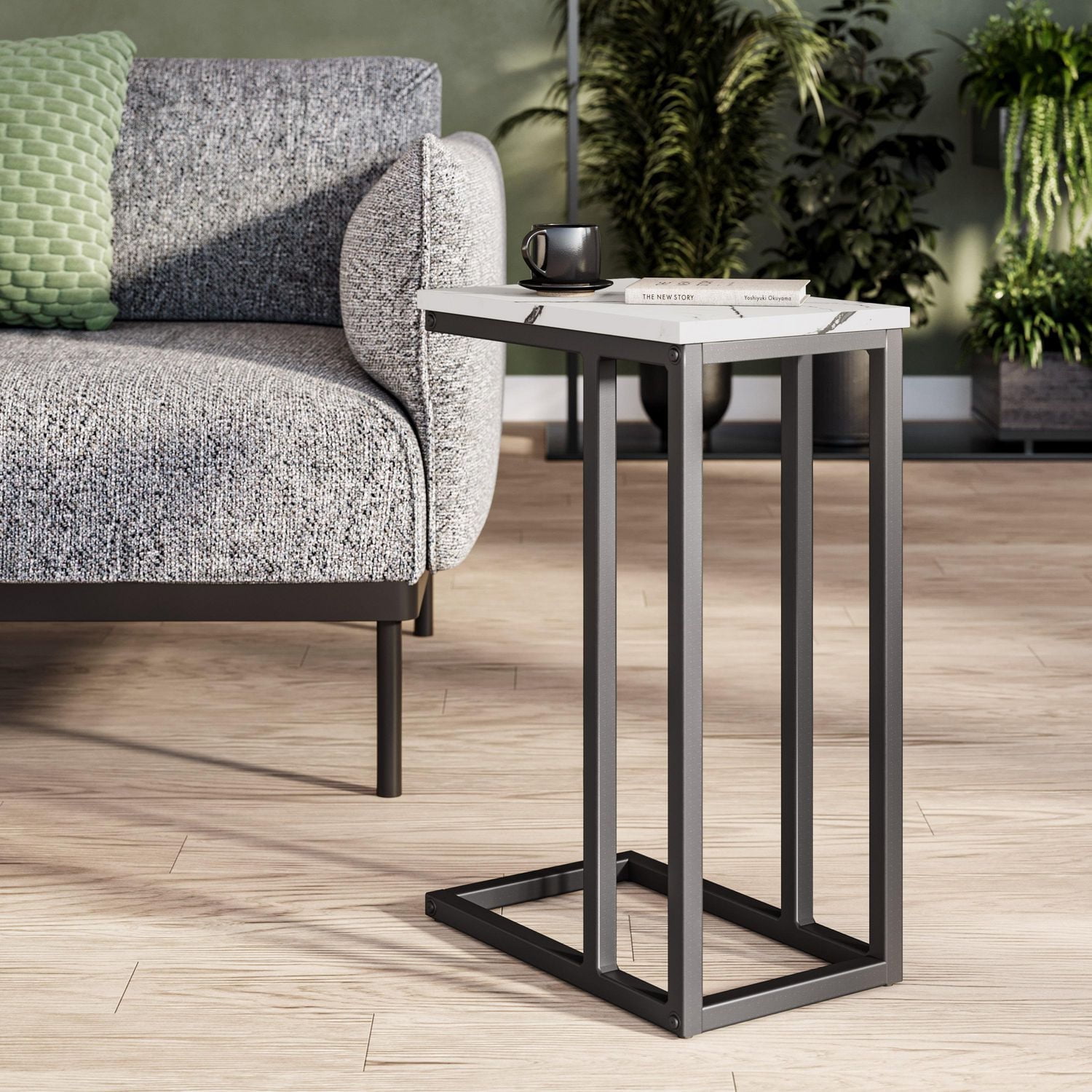 CorLiving Fort Worth Engineered Wood Narrow Rectangular Indoor Side Table with C-Shaped Steel Base, White Marbled
