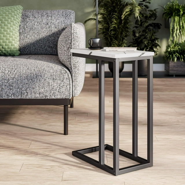 CorLiving Fort Worth Engineered Wood Narrow Rectangular Indoor Side Table with C-Shaped Steel Base, White Marbled
