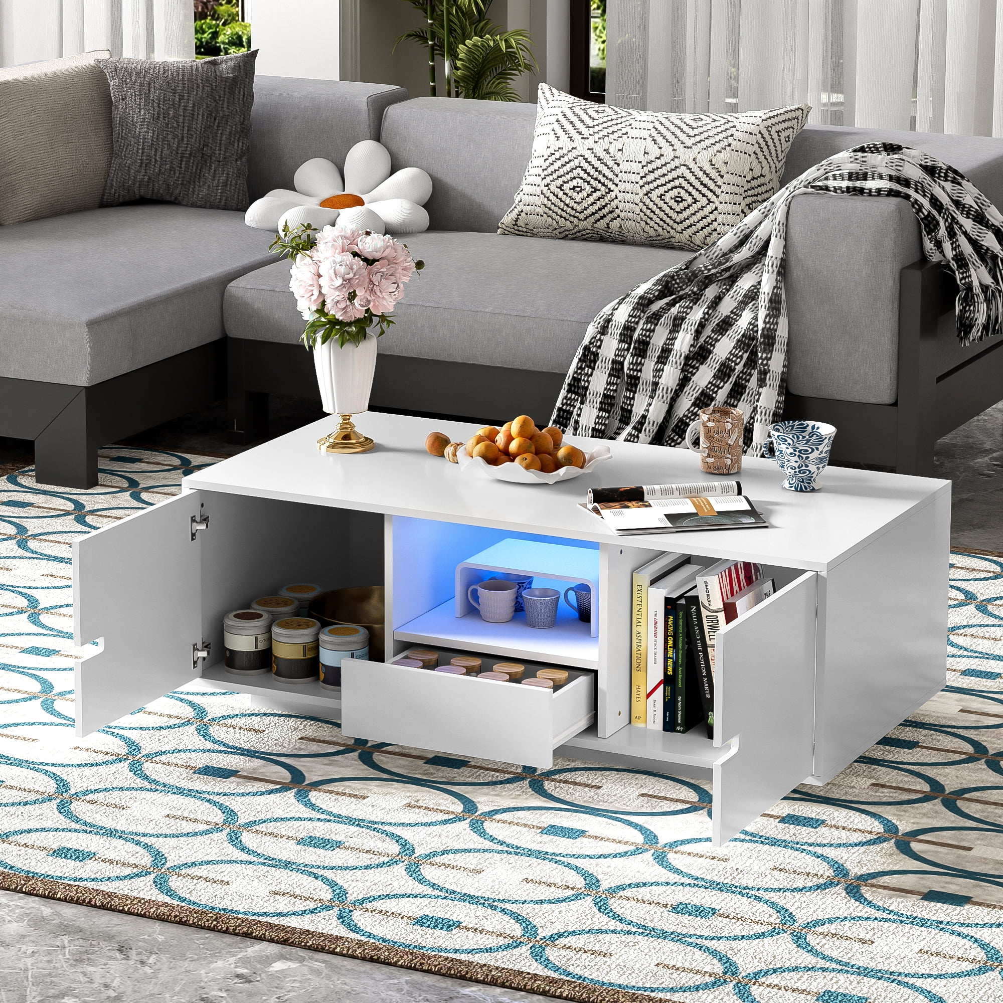 Euroco Modern High Gloss Coffee Table with LED Lights, 16 Colors & Remote Control, Storage Drawer and Cabinets, MDF Living Room Center Table with Shelves, 47.2''W x 23.6''D x 15.7''H