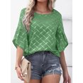 thumbnail image 2 of Tops de media manga con volantes para mujer, Camiseta holgada informal con cuello redondo, camisetas con estampado a cuadros a rayas para primavera y verano 2023, 2 of 4