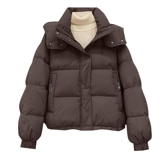 Oversized Puffer Coat for Women, Stand Collar Hooded Solid Color Design, Fashionable & Warm Layer for Freezing Temperatures & Snow.CoffeeL