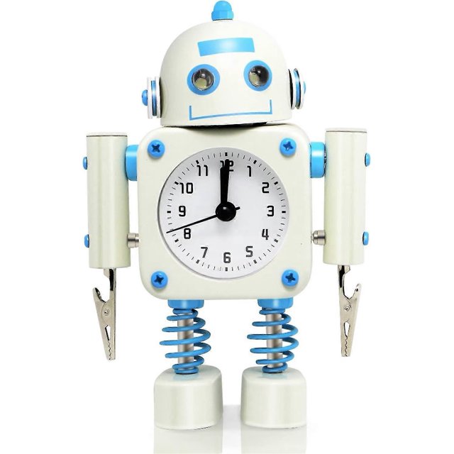 Non-ticking Robot Alarm Clock Stainless Metal - Wake-up Clock With Flashing Eye Lights And Hand Clip (white)