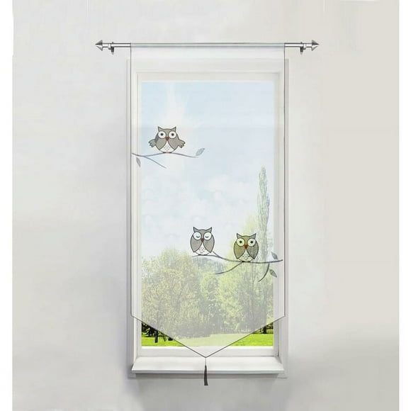 Jinsinto 1Piece Window Curtain WxH/60x120CM Transparent Polyester Gray Owl Embroidery with Tassel Short Curtains Window Decoration