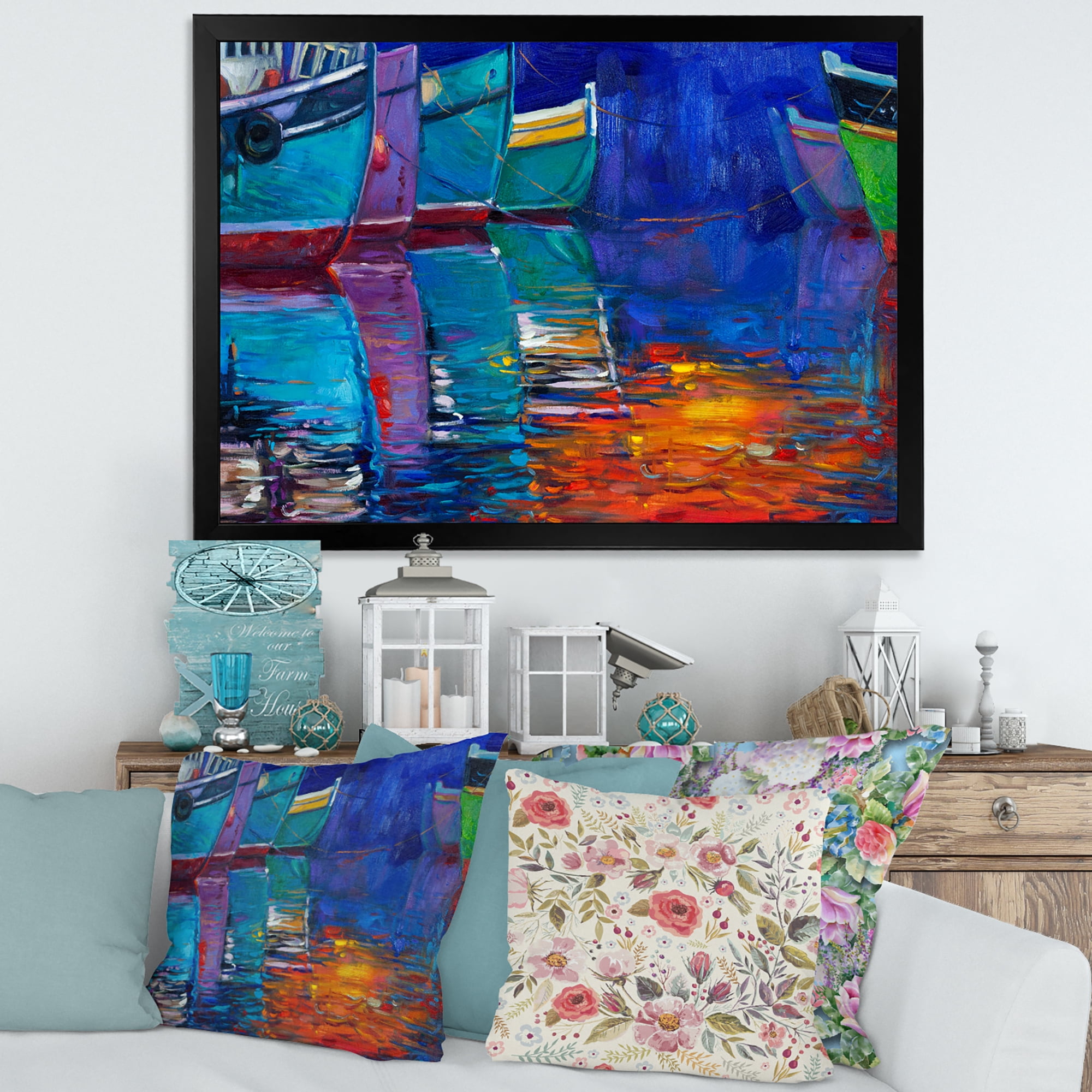 Boats During Warm Sunset Resting On The Water I 32 in x 24 in Framed Painting Canvas Art Print, by Designart