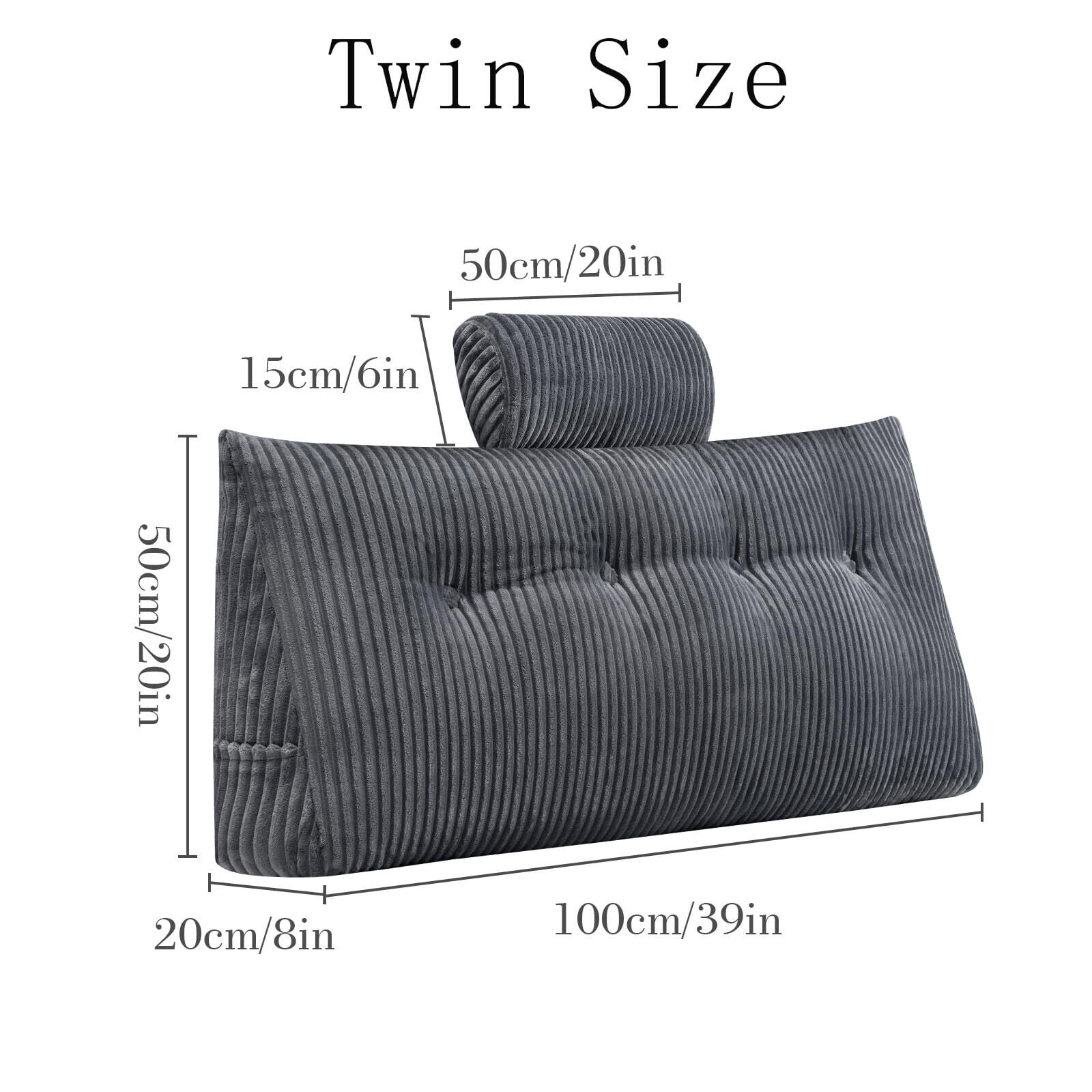 TOPCHANCES Headboard Reading Pillow with Pocket, Triangular Wedge Bedside Backrest Support Cushion with Detachable Neck Roll Pillow, Grey, 39x8x20 Inches