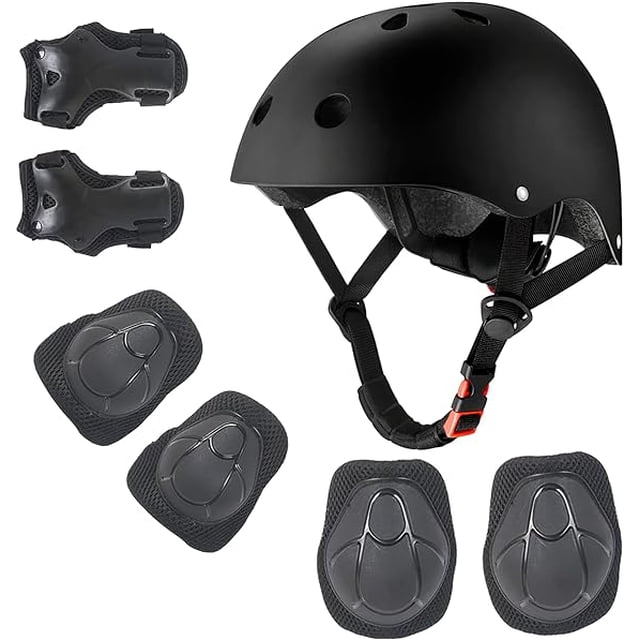 Juego de Casco de Bicicleta Bluelander para Niños y Niñas, Rodilleras, Coderas, Palmilleras, Negro