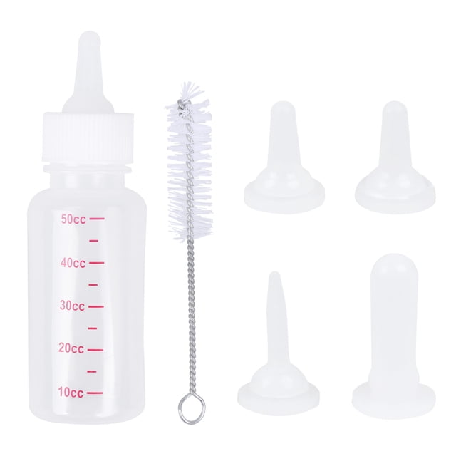 EeaseMX Juego de biberón transparente de 50 ml para mascotas, para perros y gatos, con 4 boquillas de repuesto y 1 cepillo de limpieza (blanco).