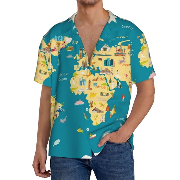 Fotbe World Map With Landmarks Camisa Estampada de Manga Corta para Hombre, Casual de Verano, Estilo Playero, Sin Arrugas-X-Large