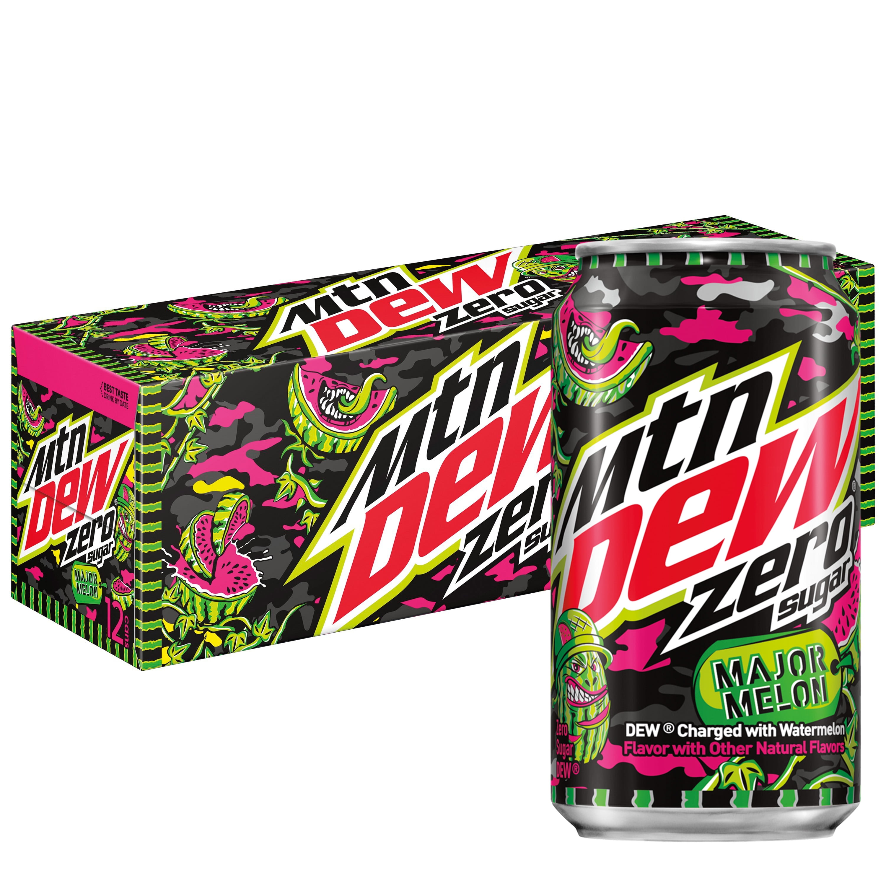 Mountain Dew Zero Sugar Major Melon Watermelon Citrus Soda Pop, 12 oz, 12 Pack Cans