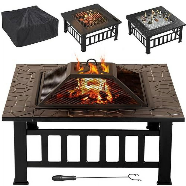 Flamaker Outdoor Fire Pit 32 Inch Patio Square Metal Firepit with Cover  Poker & Grate Wood Burning Fireplace Backyard Stove for Outside Heating