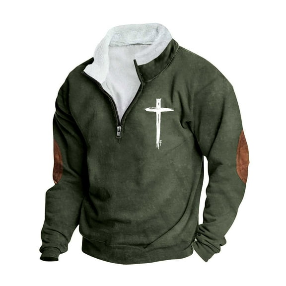VSSSJ Graphic Sweatshirt for Men Quarter Zipper Cross Printed Pullover Long Sleeve Fleece Lined Fall Winter Casual Sweater Outerwear Dark Green XXXL
