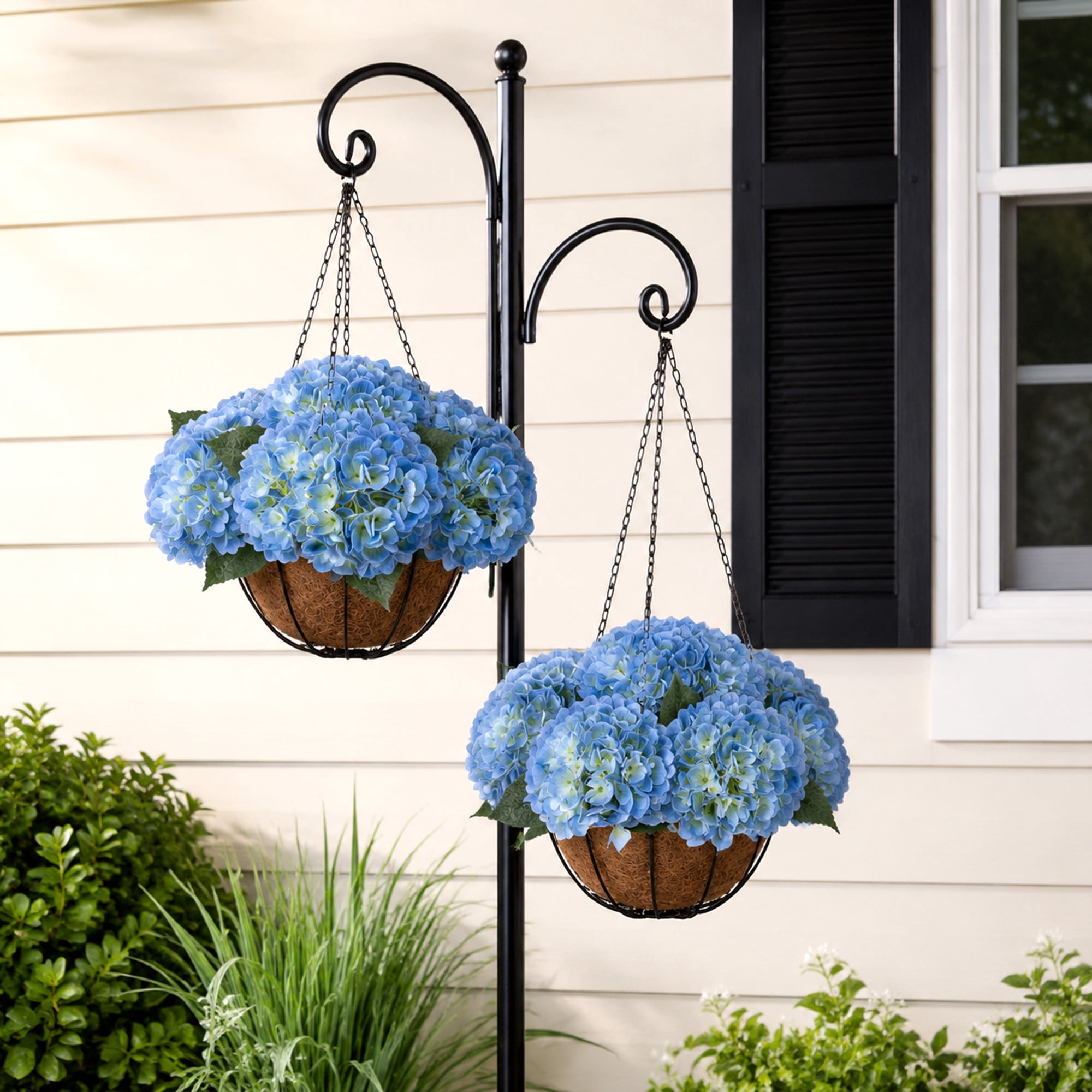 RosyHaven 2Pack Hanging Hydrangea Artificial Flowers with Real Touch Large Bule Hydrangea Flowers,Outdoor Faux Flower Hanging Basket for Spring Summer Porch Balcony Yard Garden Patio Home Decor
