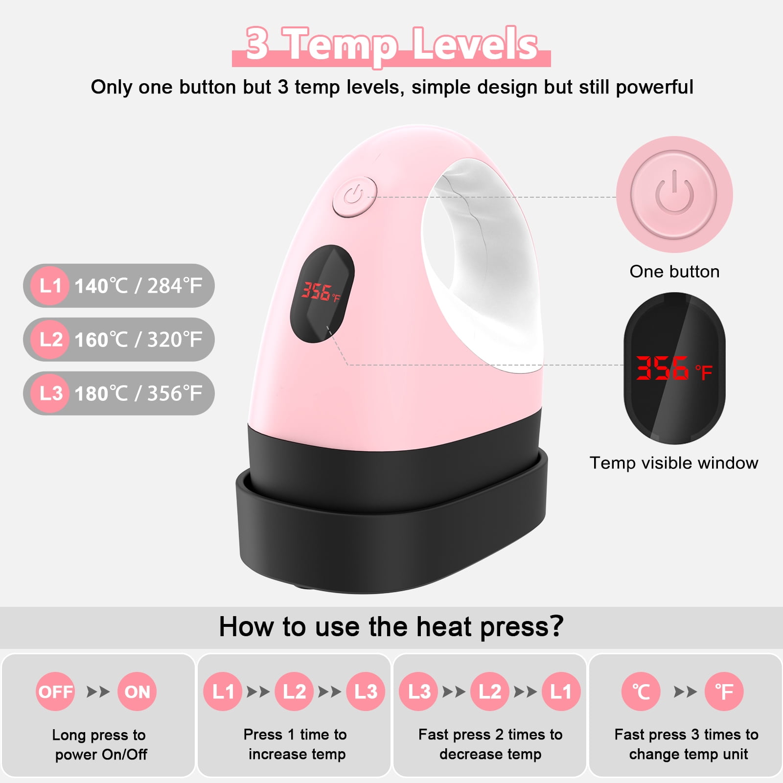 Mini Heat Press Machine, Mini Heat Transfer Iron, 3 Settings Levels & Visible Temp, Portable Press Easy for Crafts, T-Shirt, Hats, Shoes, Bags, Cap and Small Vinyl Projects (Pink)