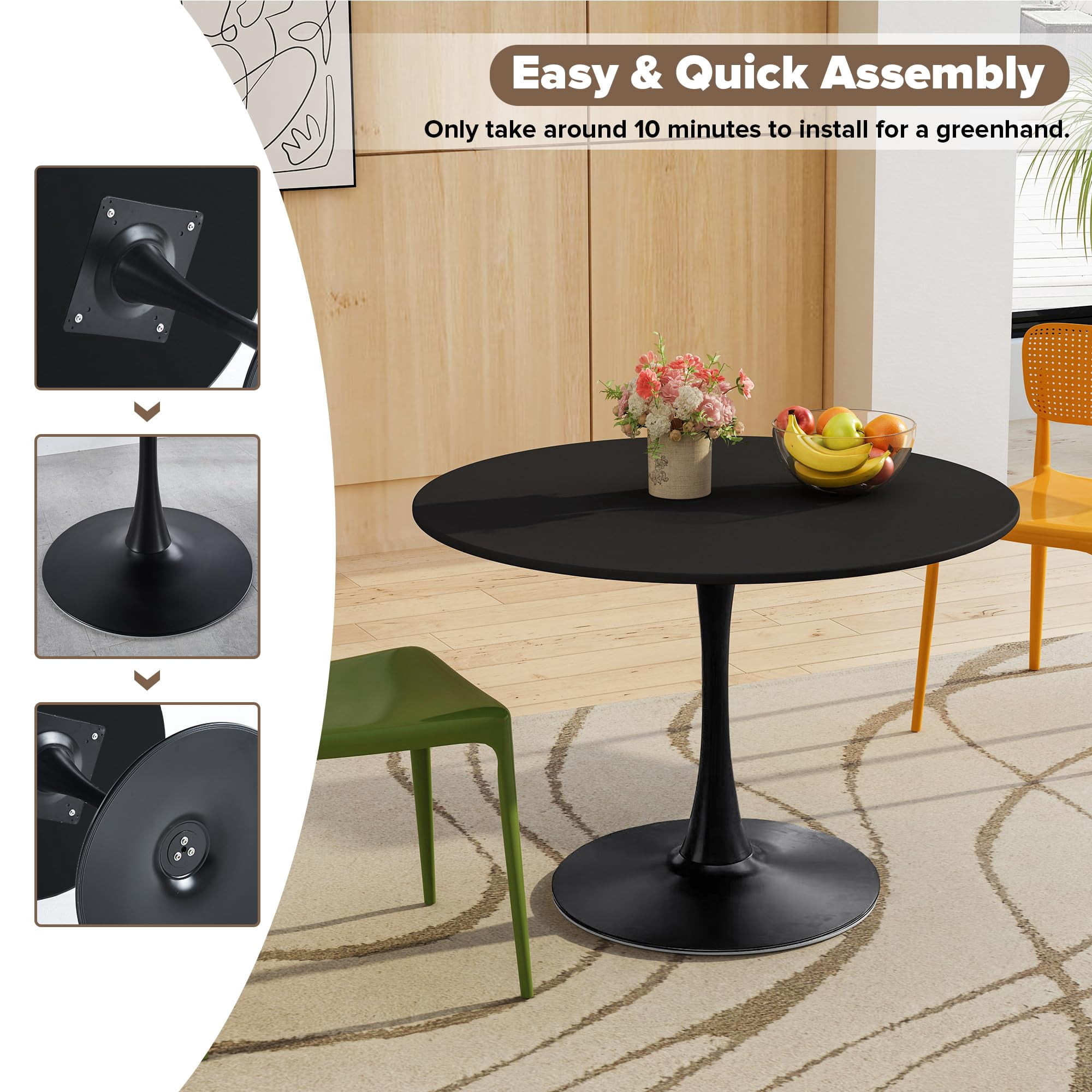 Miniyam 42" Round Pedestal Dining Table for 4-6, Small Kitchen Table with Wood Top, Black