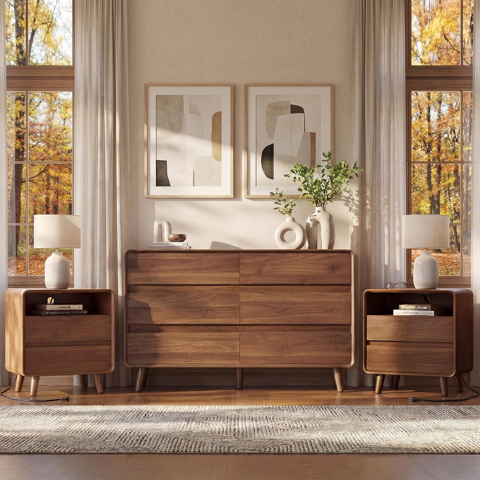 caramel brown dresser Walker Edison, Mid-Century Modern 6-Drawer Solid Wood Dresser, 57