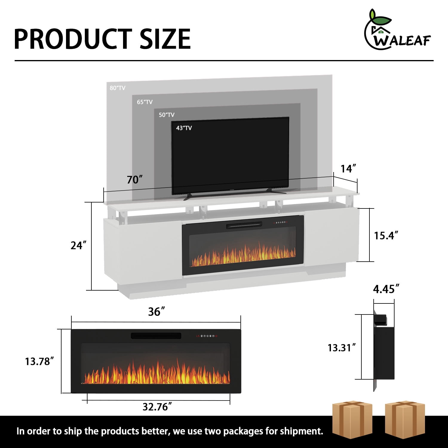 Waleaf 70" Fireplace TV Stand with Glowing Acrylic Pillars, 36" Electric Fireplace for TVs Up to 80", High Gloss Entertainment Center with 20-Color LED Lights, White