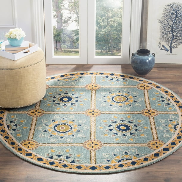 SAFAVIEH Easy Care Collection 8' Round Light Blue / Dark Blue EZC711B Hand- Hooked Area Rug 