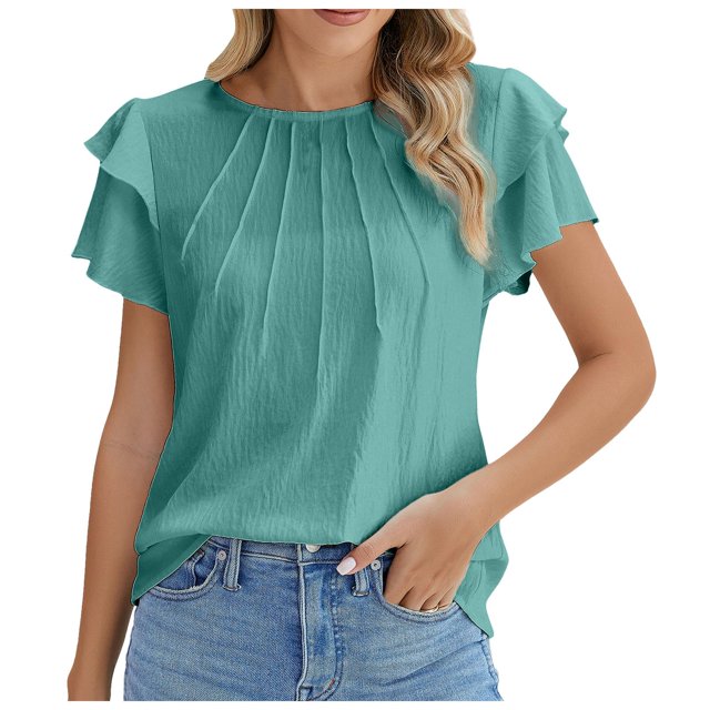 Blouses de Travail Décontractées à Manches Courtes Col Rond pour Femmes - Design Plissé, Léger, Tenue Toutes Saisons