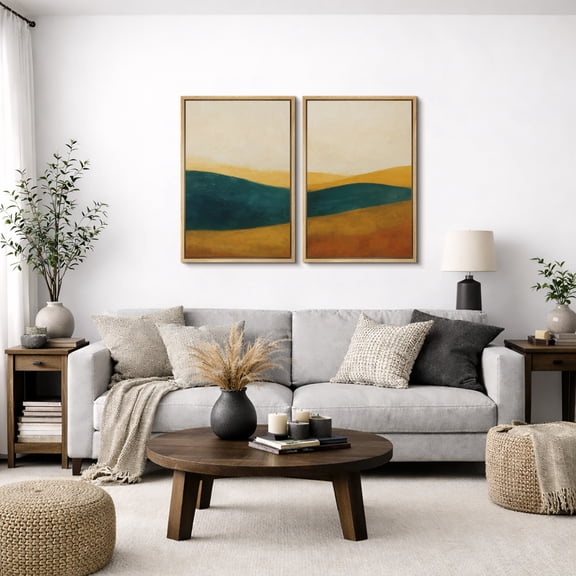 Framed Canvas Print Abstract Landscape Wall Art Set of 2 Neutral Decorative for Living Room Bedroom - 16"x24"x2 NATURAL