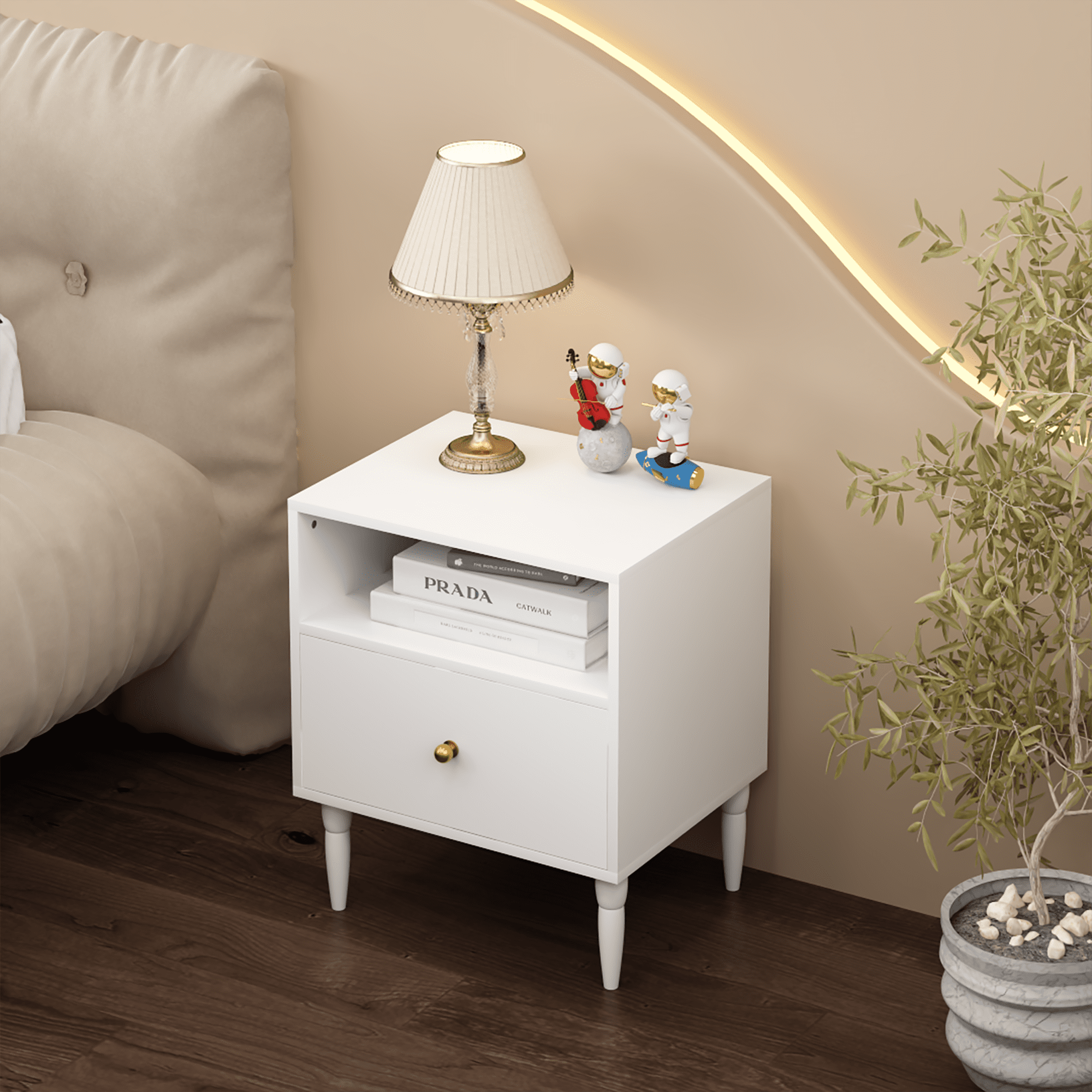 White Nightstand with Drawer and Open Shelf, MDF Bedside Table with Gold Knob, 19.69 in x 15.75 in x 23.62 in