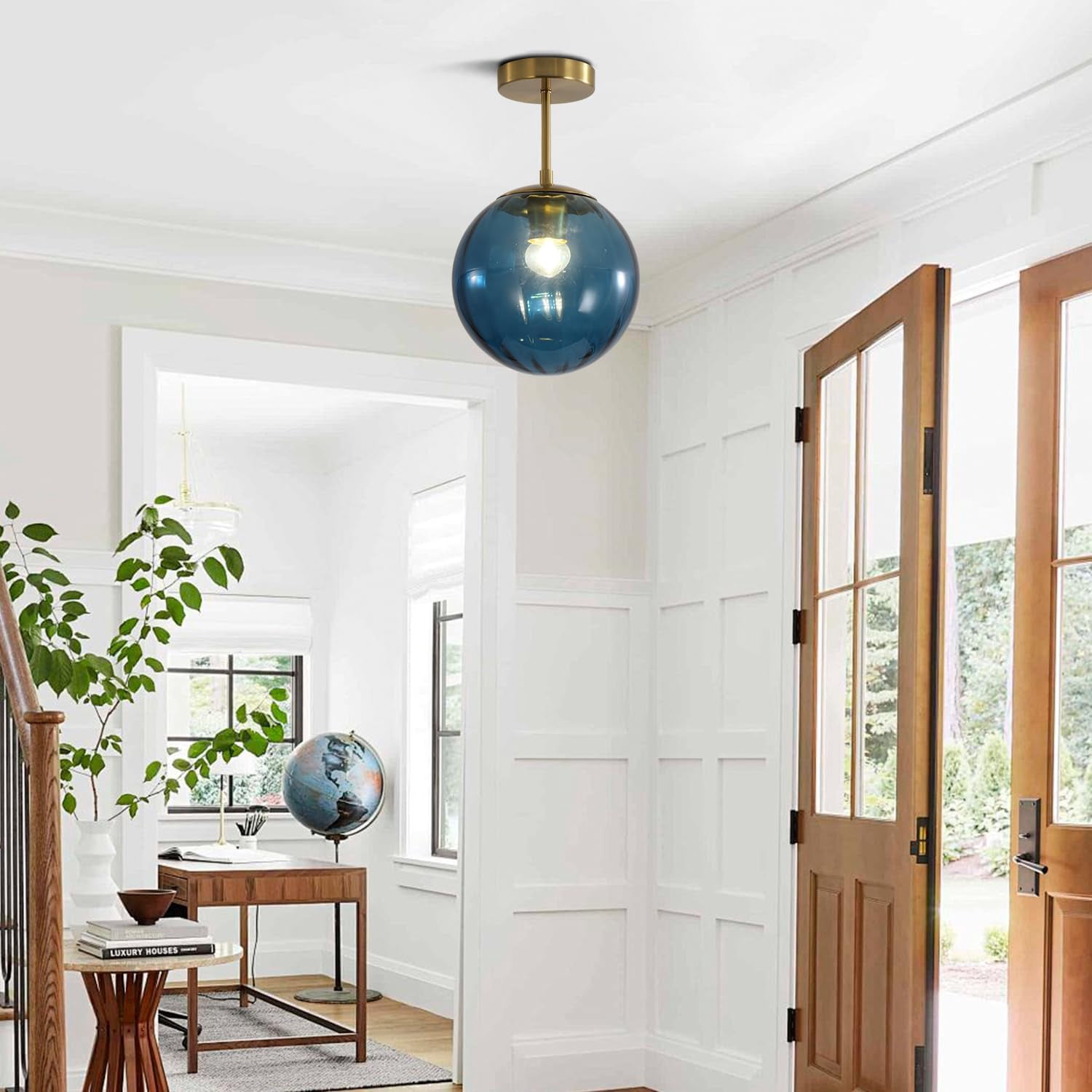 KCO Lighting Modern Large Globe Flush Mount Ceiling Light with Vintage Blue Glass