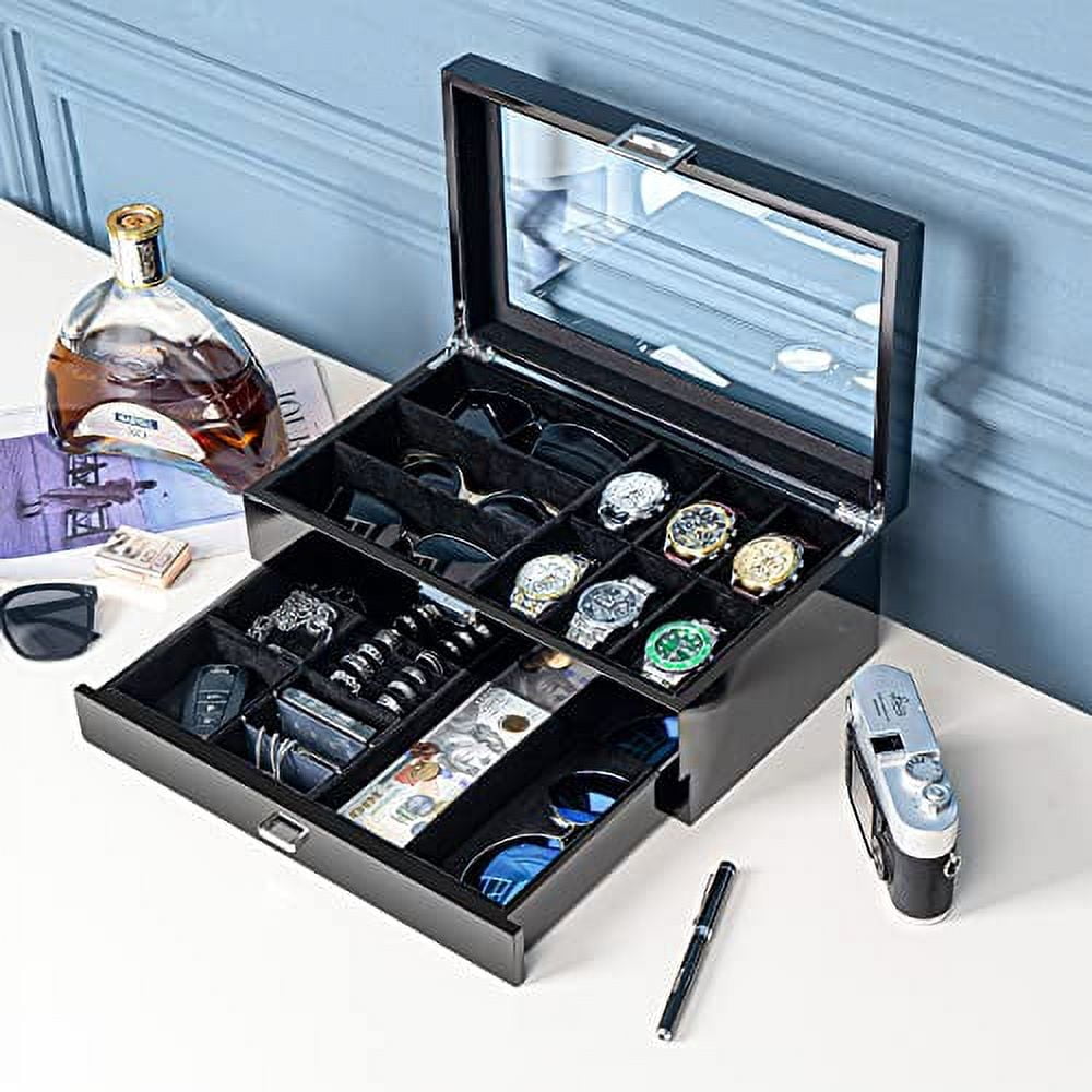 ProCase Wooden Men's Jewelry Box, Watch and Sunglasses Box Organizer for Men, 2-Tier Watch Holder and Glasses Display Cases with Clear Glass Top and Storage Drawer -Black