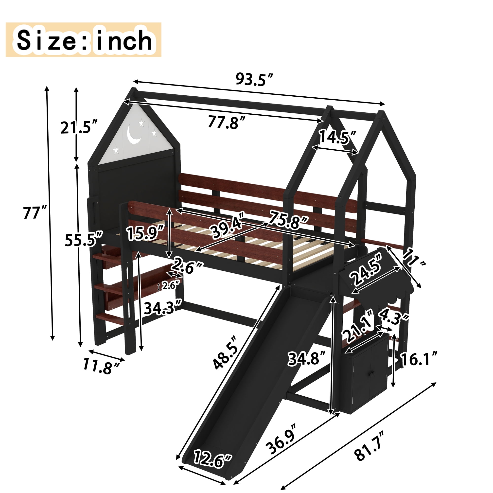 Yoneston Twin House Shaped Loft Bed with Slide & Bookshelf, Starry Moon Platform House Bed with Stairs, Roof & Guardrails for Kids Teens Bedroom, Beige