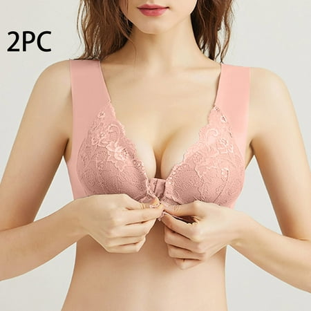 Crunowin Women s Plus Size Bra 2 Pack  Traceless Breathable Comfort Sexy Lace Full Coverage Front Open Buckle Daily Underwear Khaki XXL