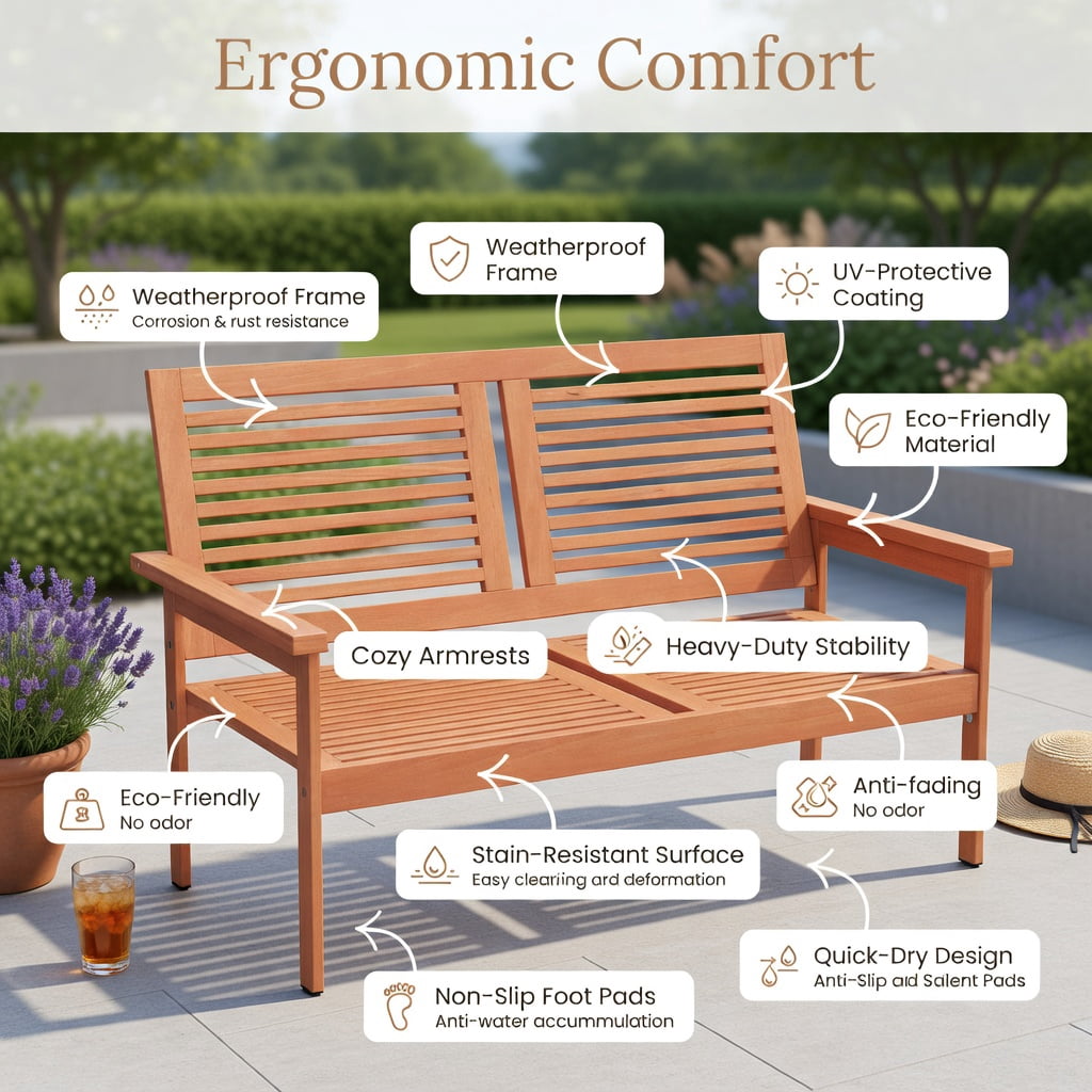 Hommoo 2-Person Outdoor Wooden Patio Bench with Slatted Backrest & Seat, Wood Garden Bench for Porch, Balcony & Backyard, Natural