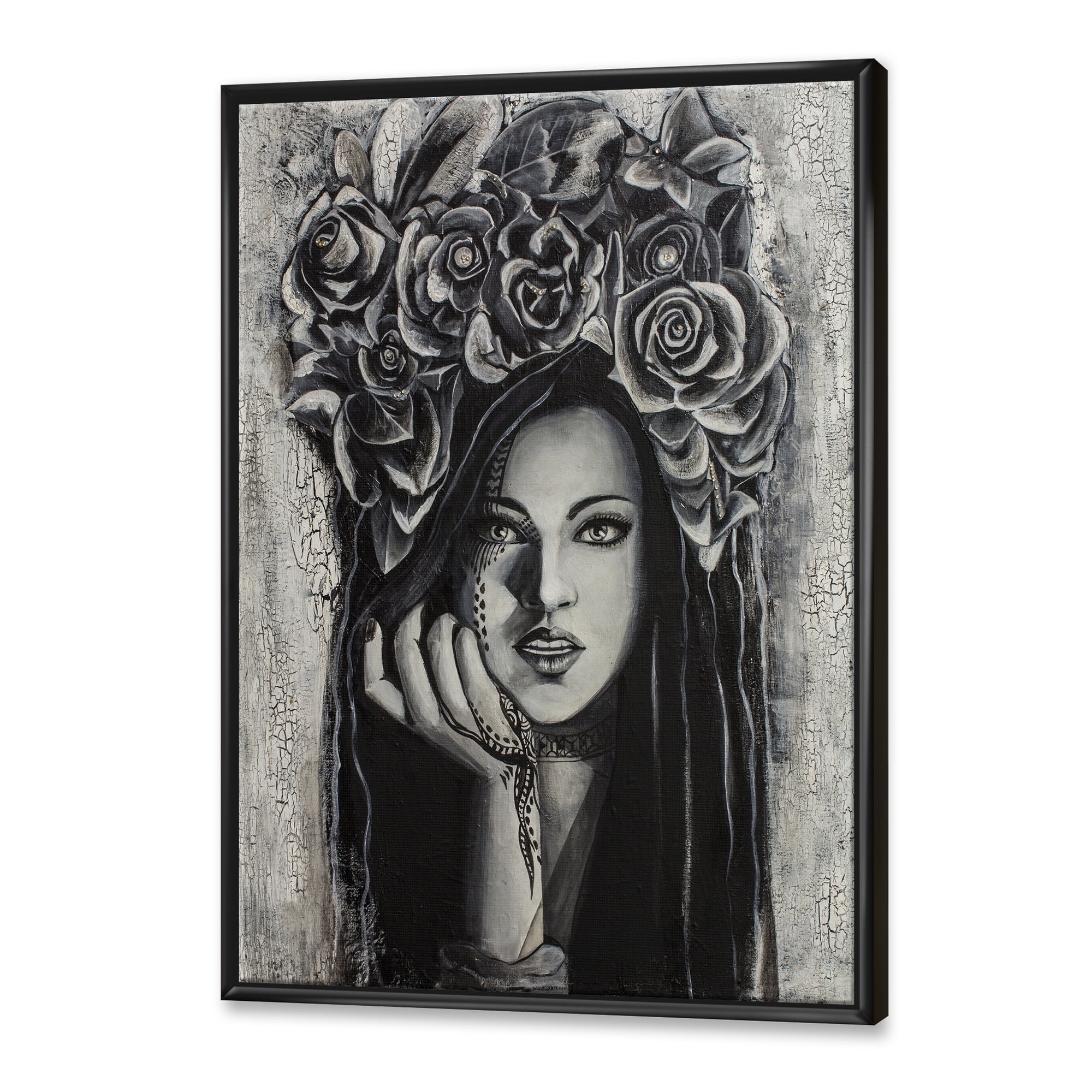 Designart 'Portrait Of A Young Woman With Flowers III' Modern Framed Canvas Wall Art Print