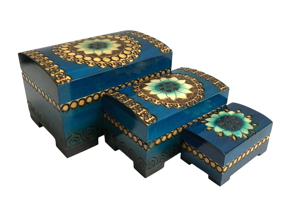 Polish Floral Wooden Nesting Boxes with Brass Inlays, Set of 3 (Blue