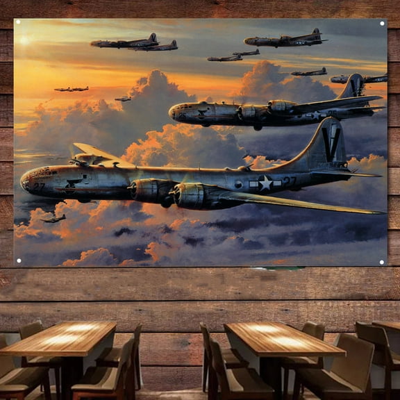 WW II US Bombers Fighter Banner - Military Wall Art Poster For Room Studio Bedroom - Attack Aircraft Canvas Print Art Work - Fighter Jet Wall Decor 38" x 57"