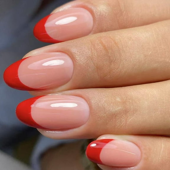 French Styles Press On Nails 24Pcs Glossys Red Holiday Design Short Almond Shape Sparkles Easy Application