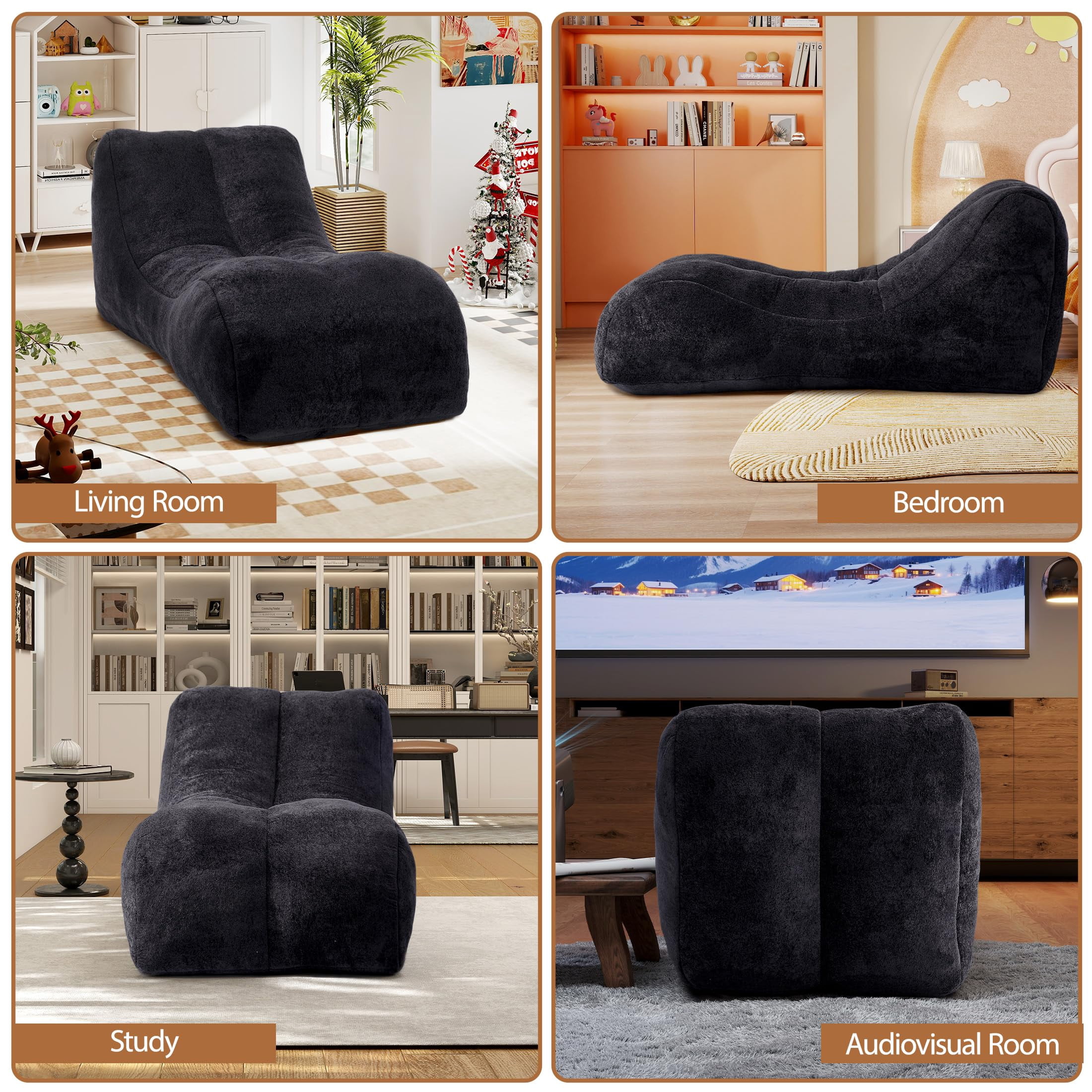 Aukfa Chaise Lounge, Bean Bag Sofa for Stretching, Relaxation, High Density Foam Recliner, Black