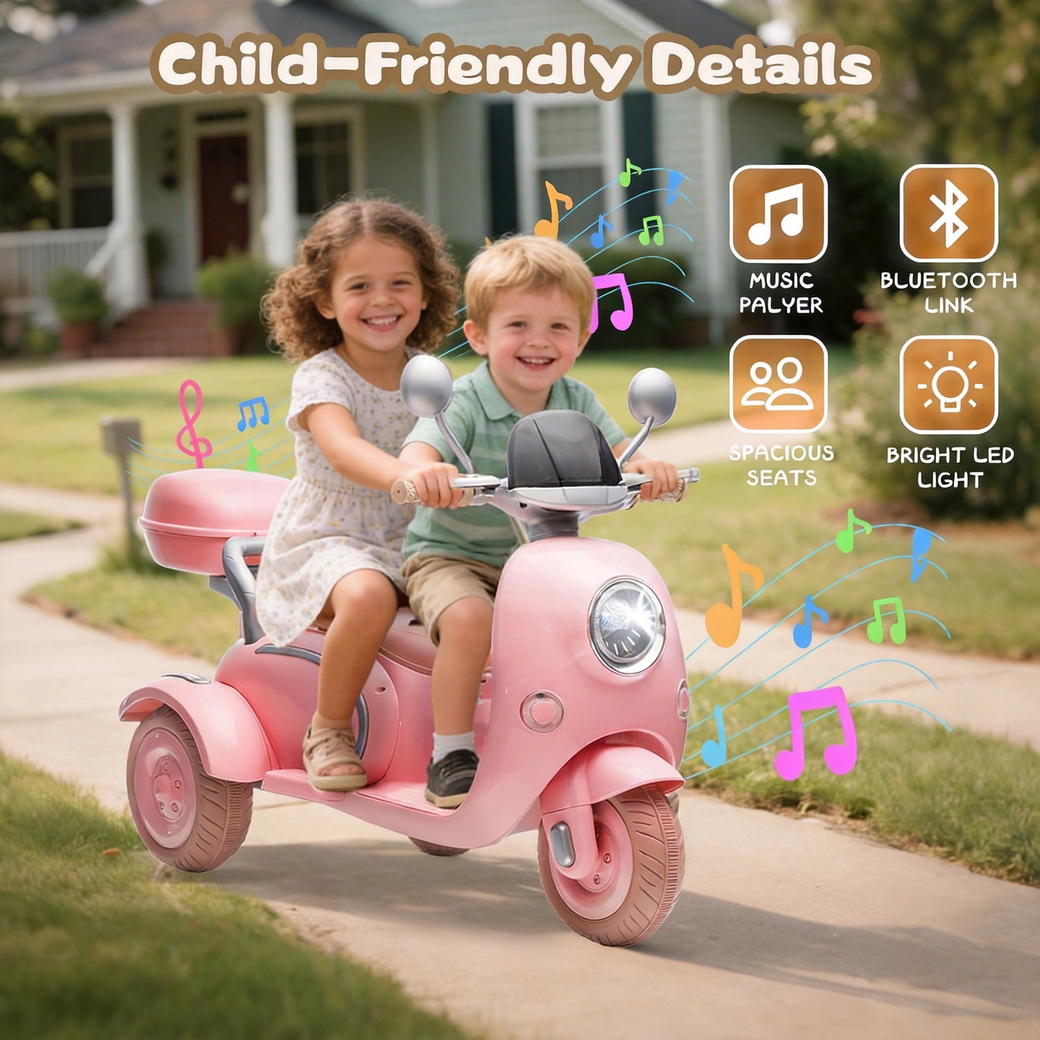 Track Seven 12V Ride on Motorcycle, 2-Seater Electric Motorcycle with Dual Motor, 3 Wheels Motorbike with Bluetooth, LED Lights, Storage Box, Front Hook, Ride on Toy Car for Boys Girls Aged 3+, Pink