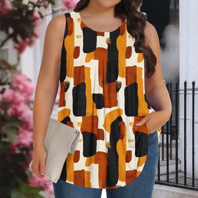 XUNKUSGA Débardeurs Grande Taille pour Femmes Été Sans Manches Tunique Col Rond Décontracté T-Shirts Amples pour Femmes Mode Été Tunique Plissée Florale Blouses, TG, Rouge