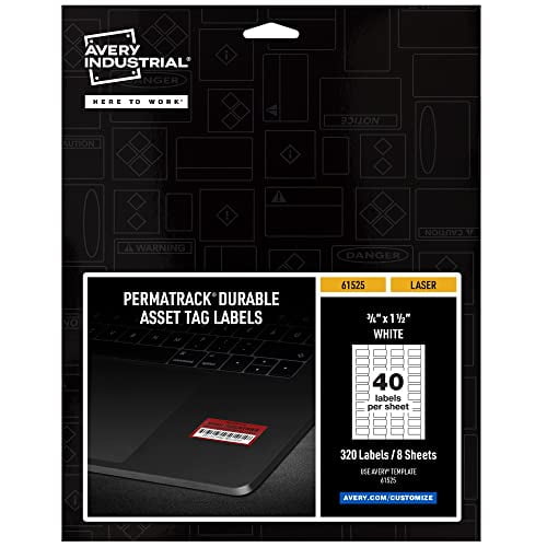 Etiquetas blancas Avery Asset Tag, 3/4" x 1-1/2", etiquetas imprimibles con láser, 320 etiquetas impermeables (61525)