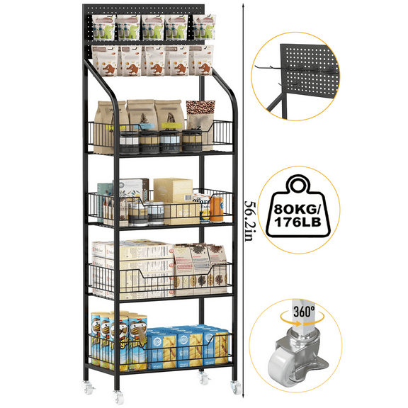 Petoto 4-Tier Retail Display Rack, 19.6 x 10.6 x 56.2 inches Snack Candy Rack, Metal Fruit Stand Storage Shelf with Wheels and 10 Hooks