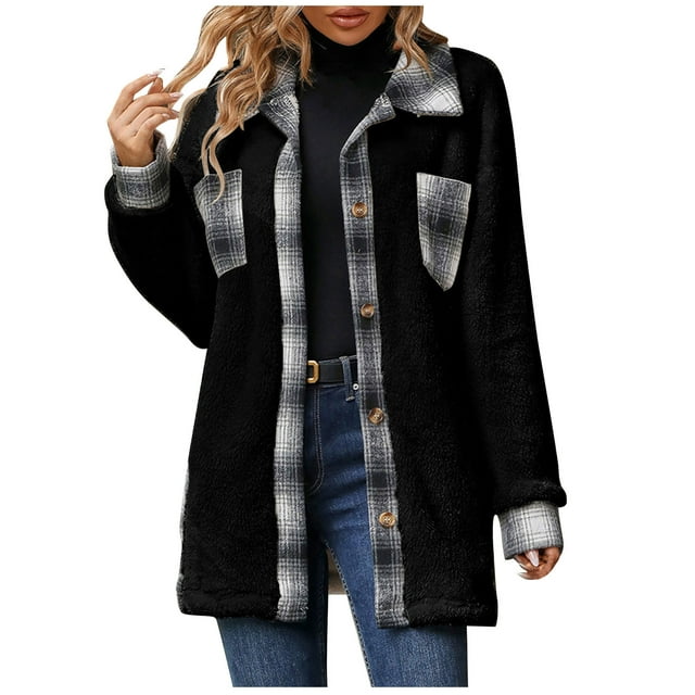 Besolor Veste en Peluche à Carreaux pour Femmes, Manches Longues, Col à Revers, Boutons, Décontractée pour l'Hiver