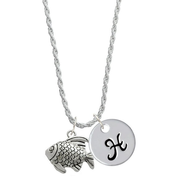 Delight Jewelry Silvertone Antiqued Fish Silvertone Script Initial Disc - H - Charm Necklace, 20"+3"