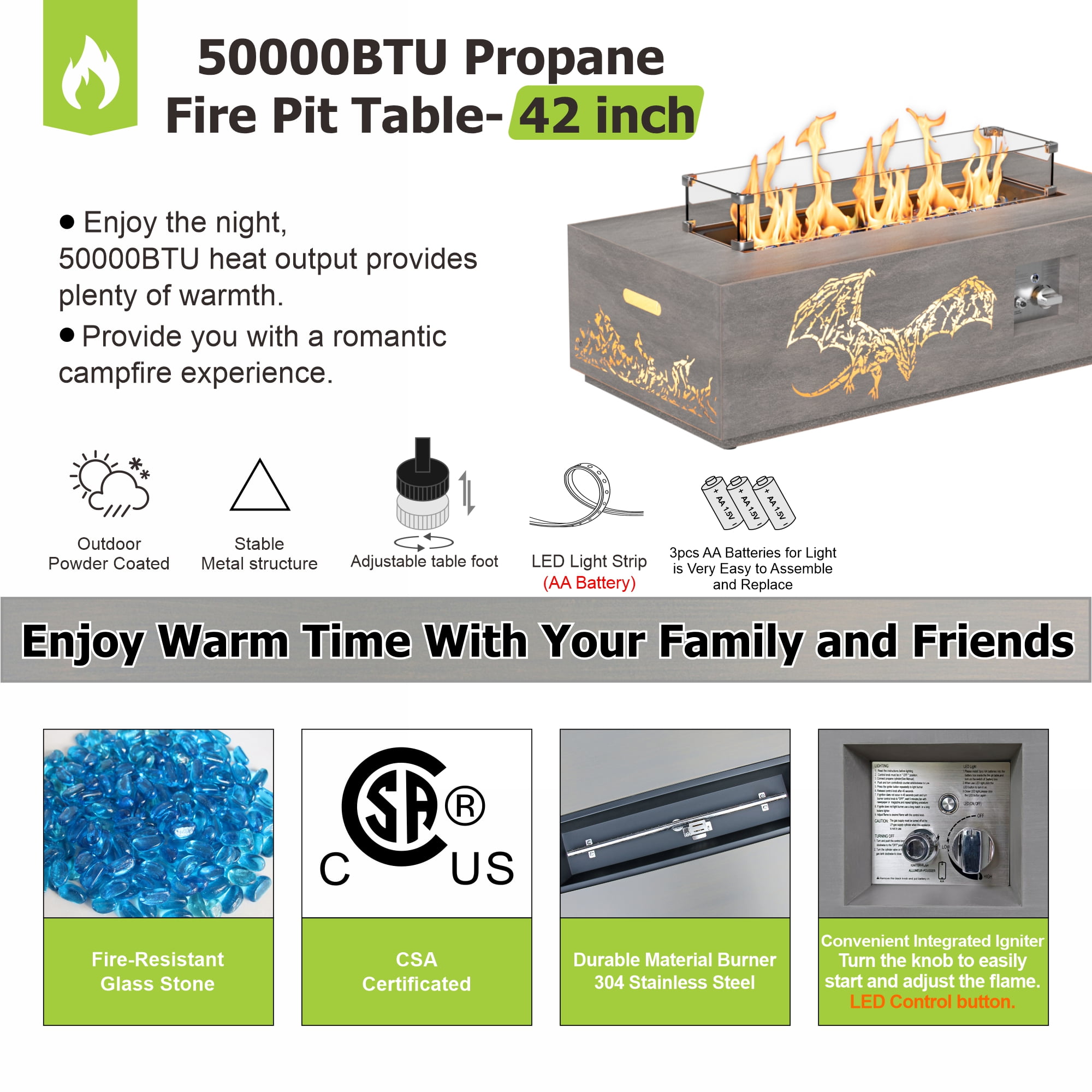 Evita 42" Fire Pits for Outside 50,000 BTU Propane Fire Pit for Outside Patio, Outdoor Fire Pit Table with Golden LED Lights