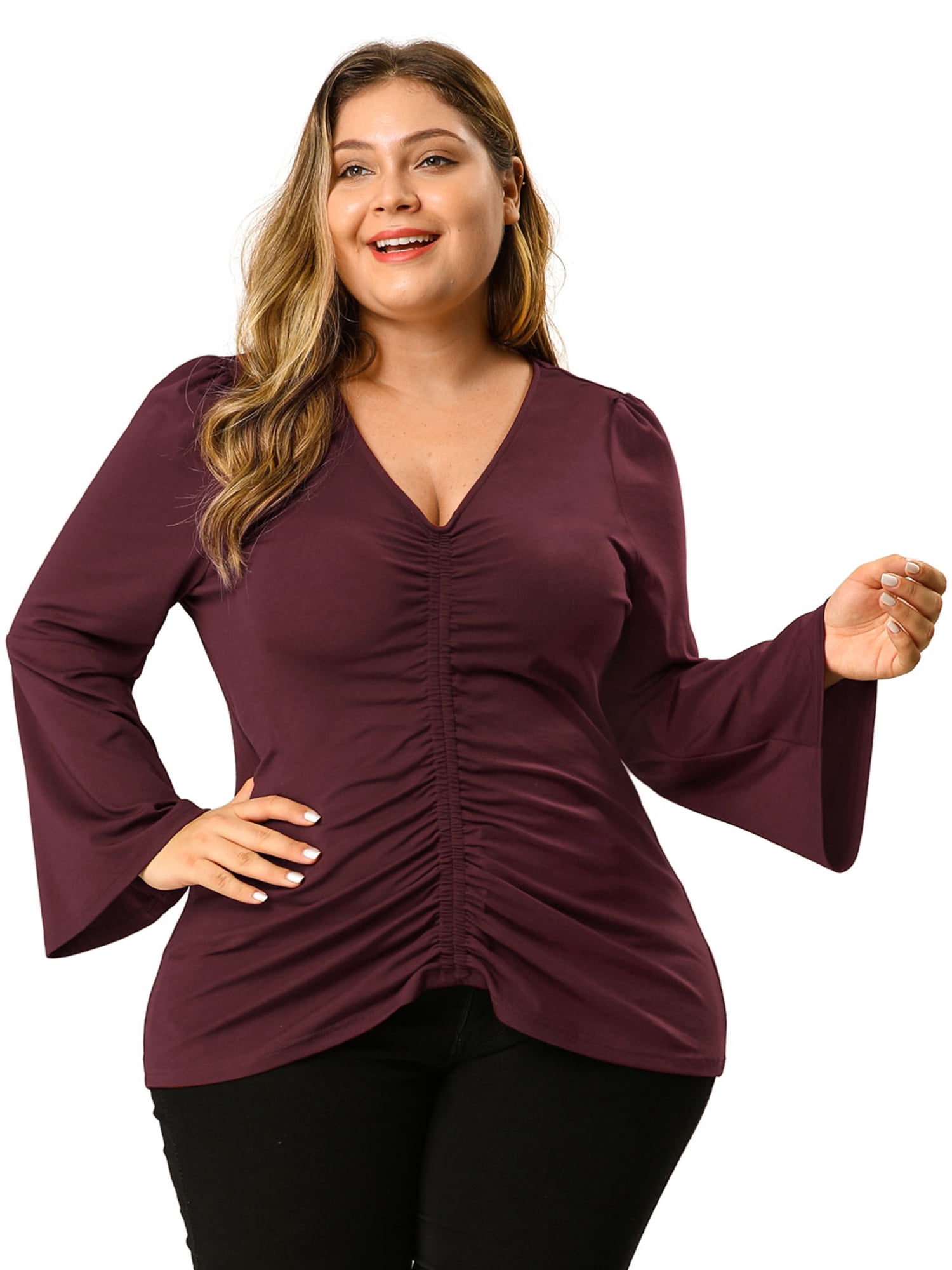 Women's Plus Size Blouse V Neck Long Sleeve Ruffle Stretch Ruched Top ...