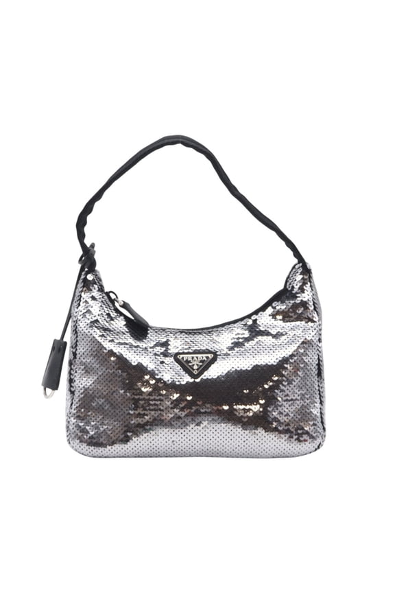 Pre-Owned PRADA Nylon Re-Edition Sequin Hobo Handbag WS22477 Silver Black Women's