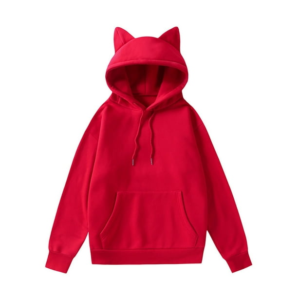 MAWCLOS Ladies Hoodies Hooded Neck Pullover Long Sleeve Sweatshirt Baggy  Sport Solid Color Tops Red XL 