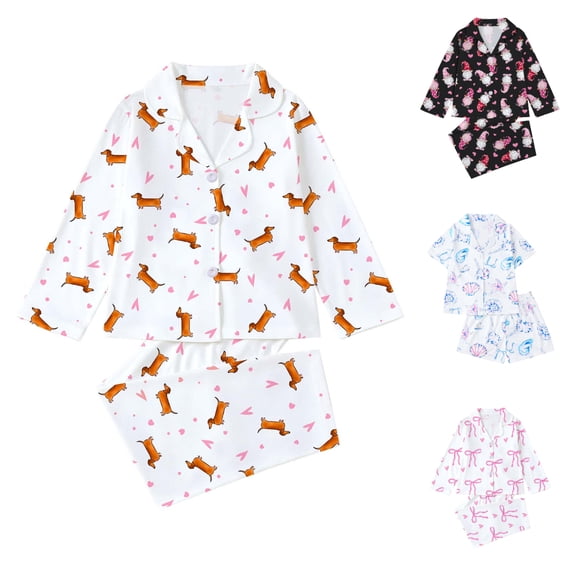 Einccm Girls 2-Piece Pajama Set, Long Sleeve Top and Short Pants with Button-Down Collar and Cute Print, Soft Polyester Comfort Fit for Casual Daily Wear, Ages 4-7 Years