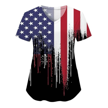 

Printed Scrub Tops Women Stretchy Summer Independence Day Printed Care V-Neck Working Uniform