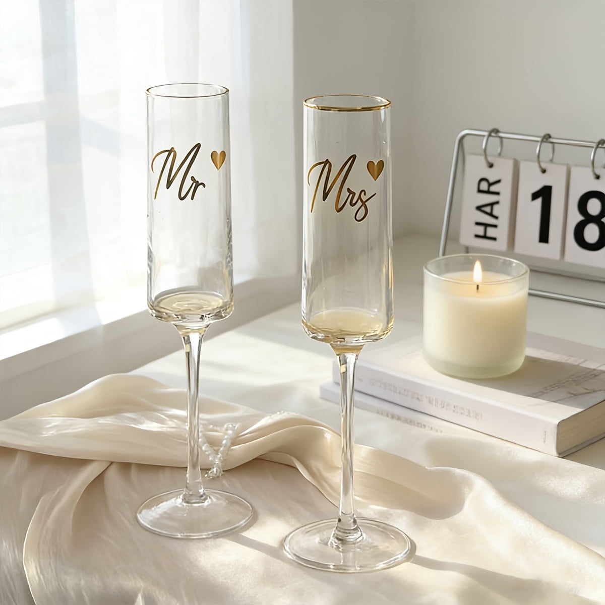 2Pcs Mr & Mrs Champagne Flutes, Golden-Embossed Wedding Toast Glasses, Tulip Stemmed Couple Cups for Wedding Anniversary Bridal Shower and Registry Idea, Perfect Gift for Newlyweds Bride Groom