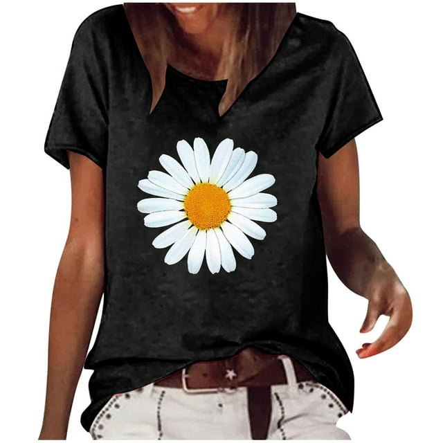 DPTALR Woman Causal Daisy Round Neck Printing Blouse Short Sleeve T-Shirt Summer Tops