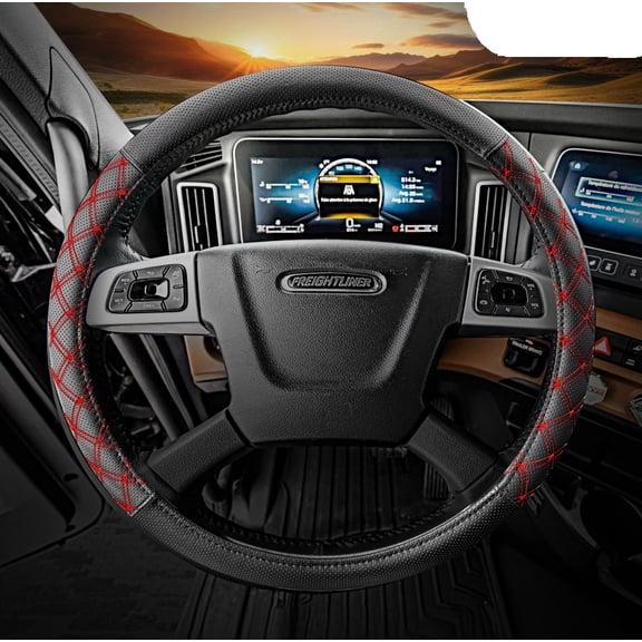 18" Truck Semi Steering Wheel Cover / Black Faux Leather / Red Accent Stitching