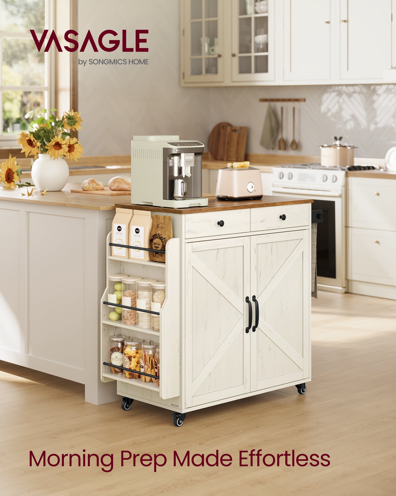 VASAGLE Mobile Kitchen Island,Portable Island with Spice Rack,Mobile Cart with Storage Cabinet,17.7 x 36.5 x 36 Inches,Rustic White and Honey Brown